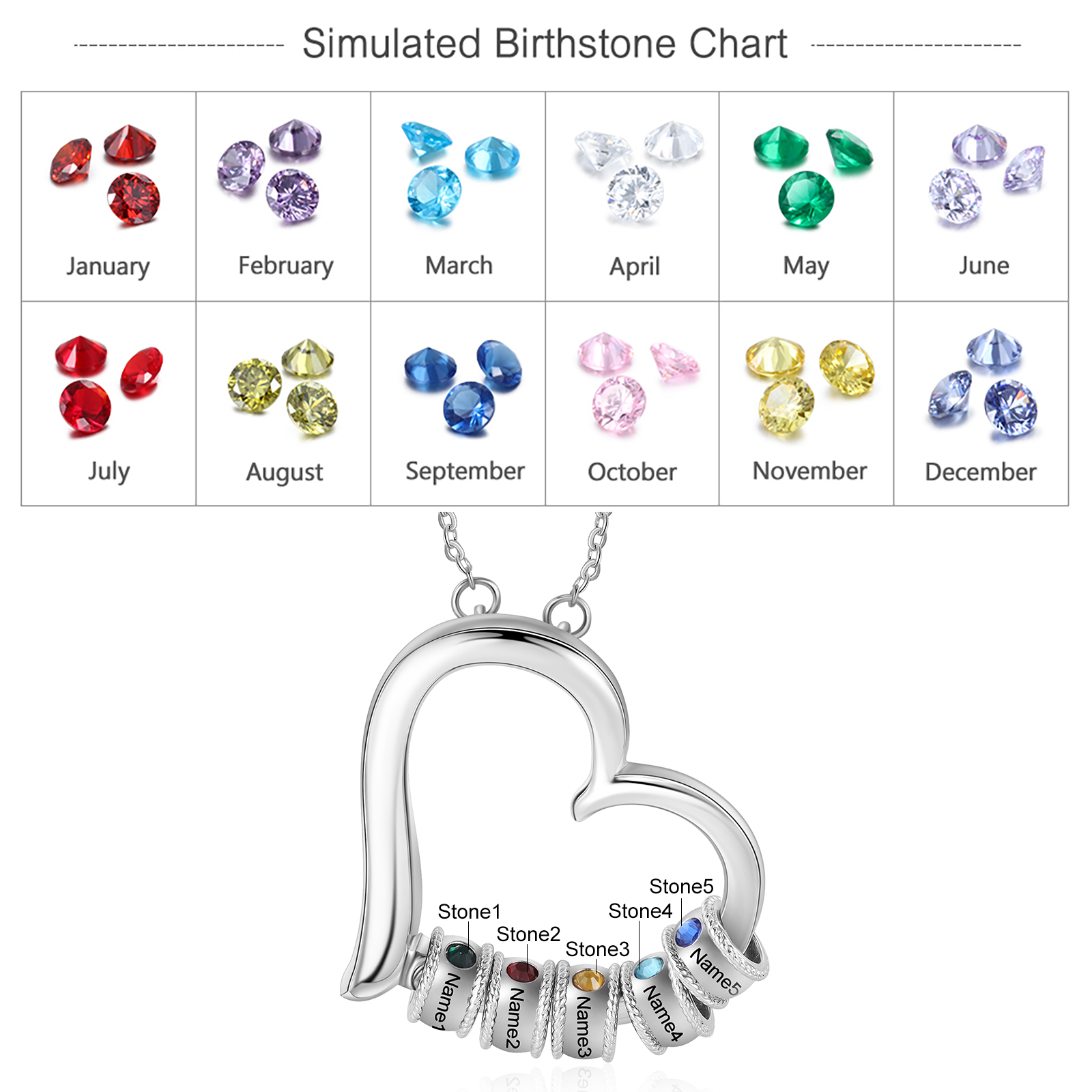 Personalised Heart Necklace With 5 Birthstones Engraved Family Names Necklace Gift For Her-Jessemade AU