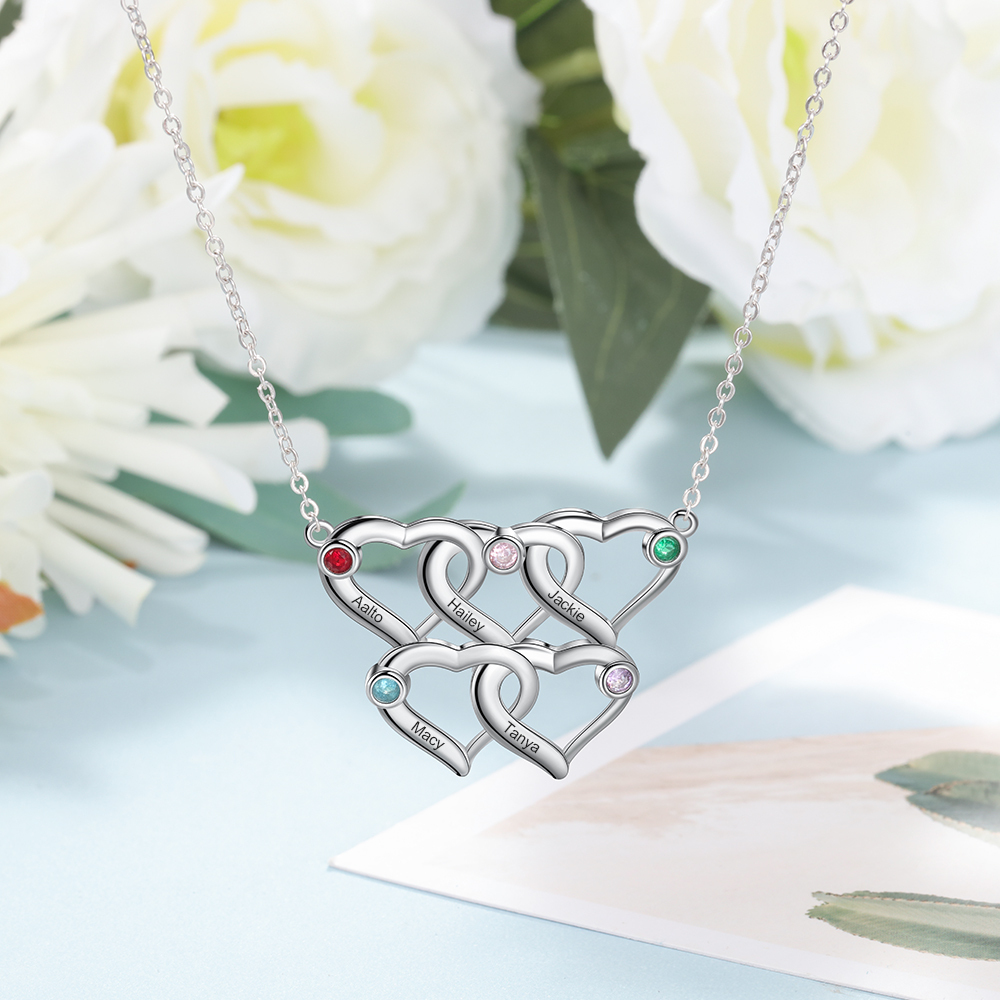 Personalised Heart Necklace With 5 Birthstones Engraved Names Necklace Gift For Women-Jessemade AU