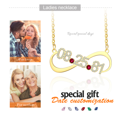 Personalised Double Hearts Birthstone Necklace With Engraving 1 Date For Lover-Jessemade AU