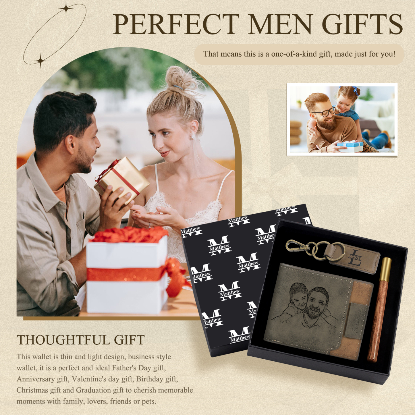 Personalised 1 Photo & 3 Names & 3 Letters Gift Set Custom Wallet & Keychain & Pen Gift Box Set Father’s Day Gift for Him-Jessemade AU