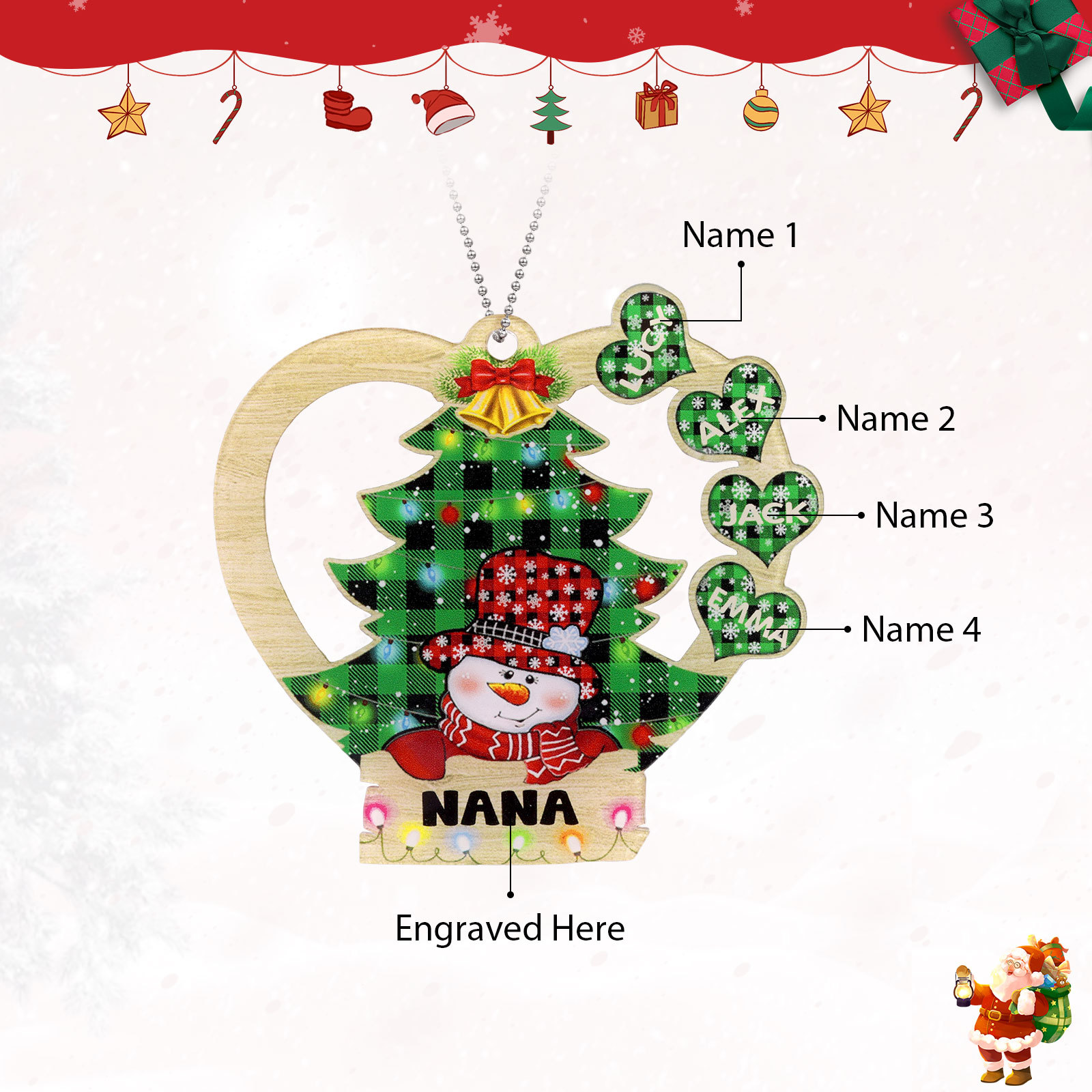 4 Names - Personalised Heart Christmas Tree Ornament Customised Name & Text Acrylic Snowman Hanging Ornaments Gift for Family-Jessemade AU