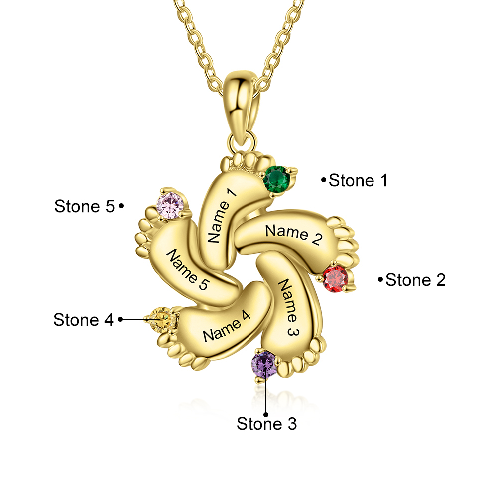 Personalised Baby Feet Necklace With 5 Birthstones Engraved Names Gift For Mother-Jessemade AU