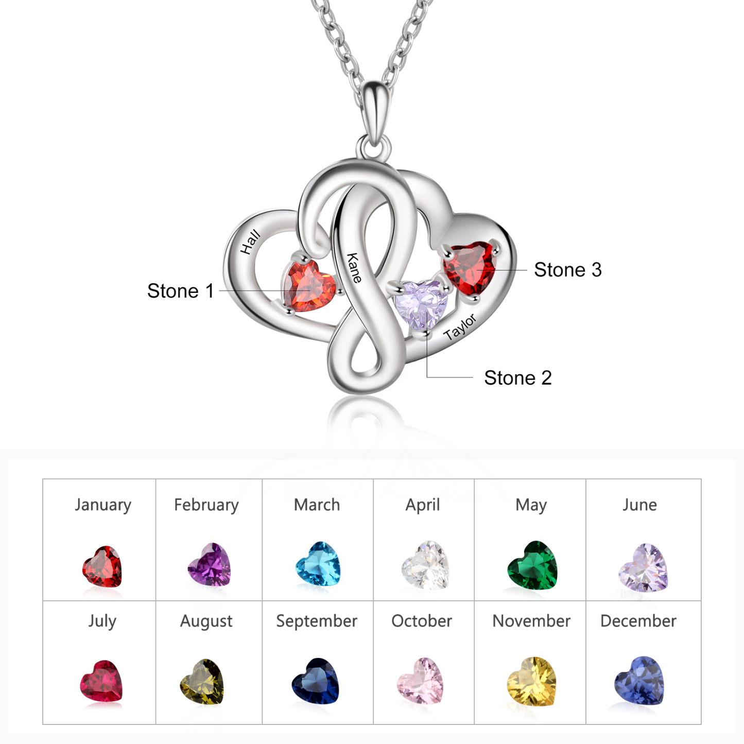 Personalised Double Hearts Birthstone Necklace With Engraving 3 Names For Lover-Jessemade AU