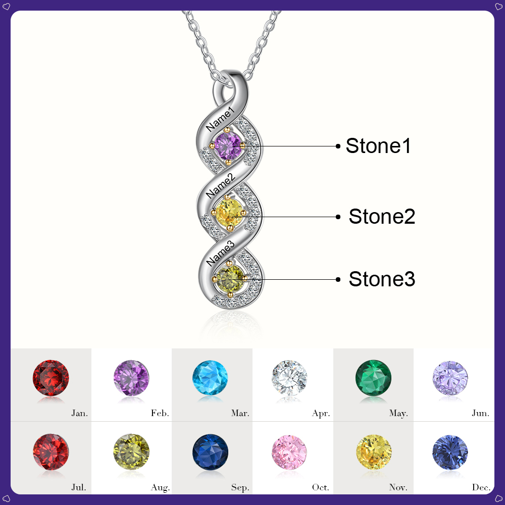 Personalised DNA Necklace With 3 Birthstones Engraved Names Gift For Women-Jessemade AU