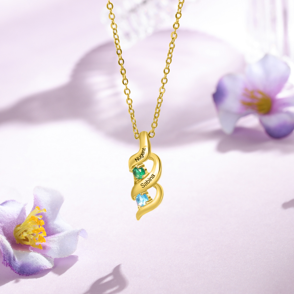 Personalised Necklace Cascading Pendant with 2 Birthstones Engraving 2 Names Gifts for Her-Jessemade AU