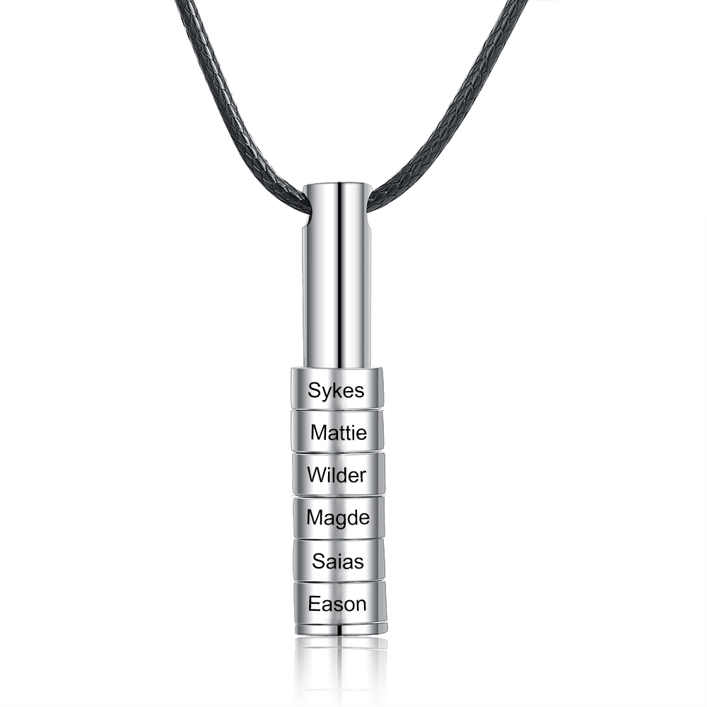Personalised Vertical Cylinder Pendant Necklace with Beads Engraved 6 Names Men's Necklace for Him-Jessemade AU