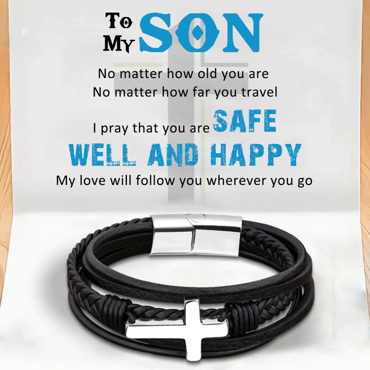 To My Son, Inspirational Leather Bracelet Bangle with Message Card Gifts For Him