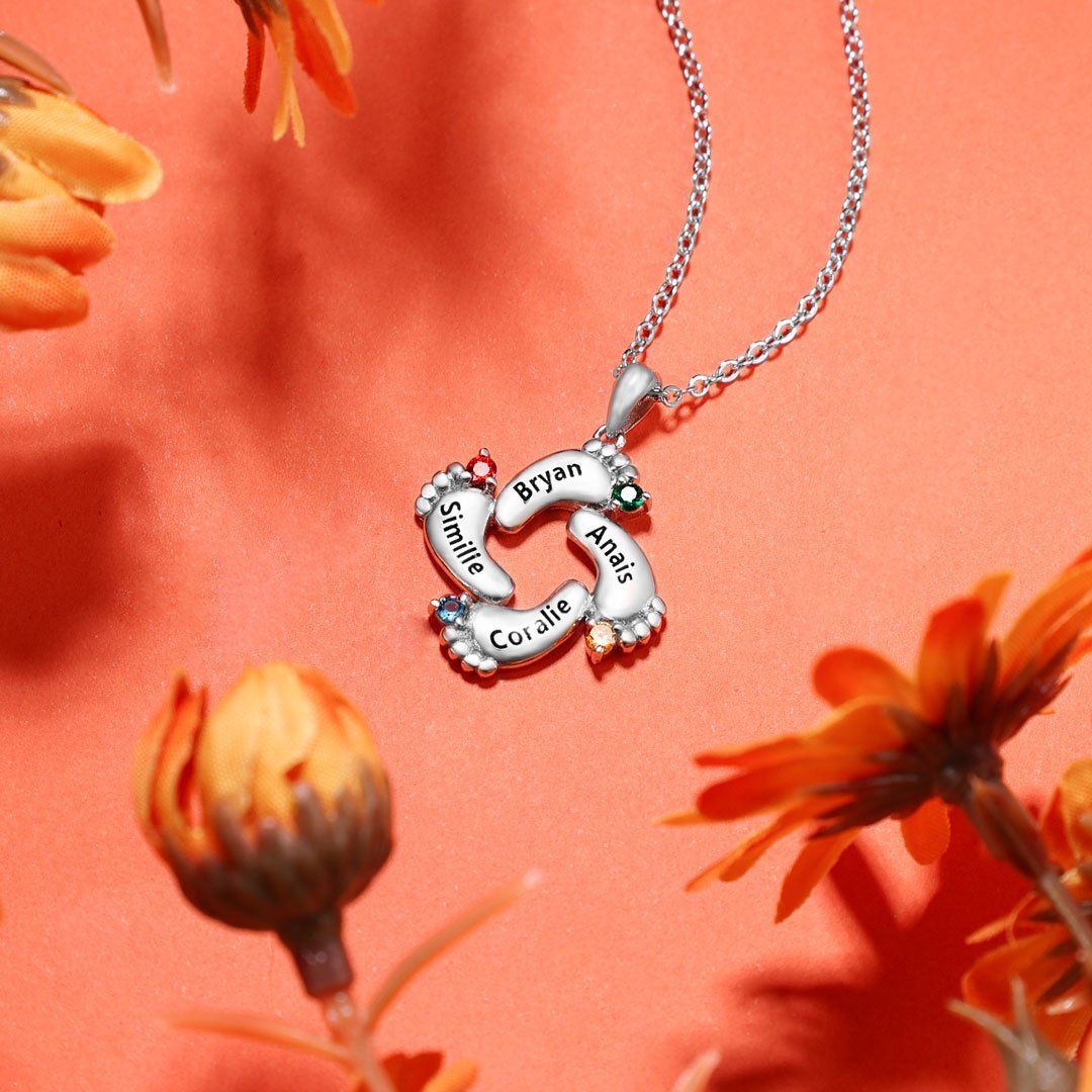 Personalised Baby Feet Necklace With 1 Birthstone Engraved Names Gift For Mother-Jessemade AU