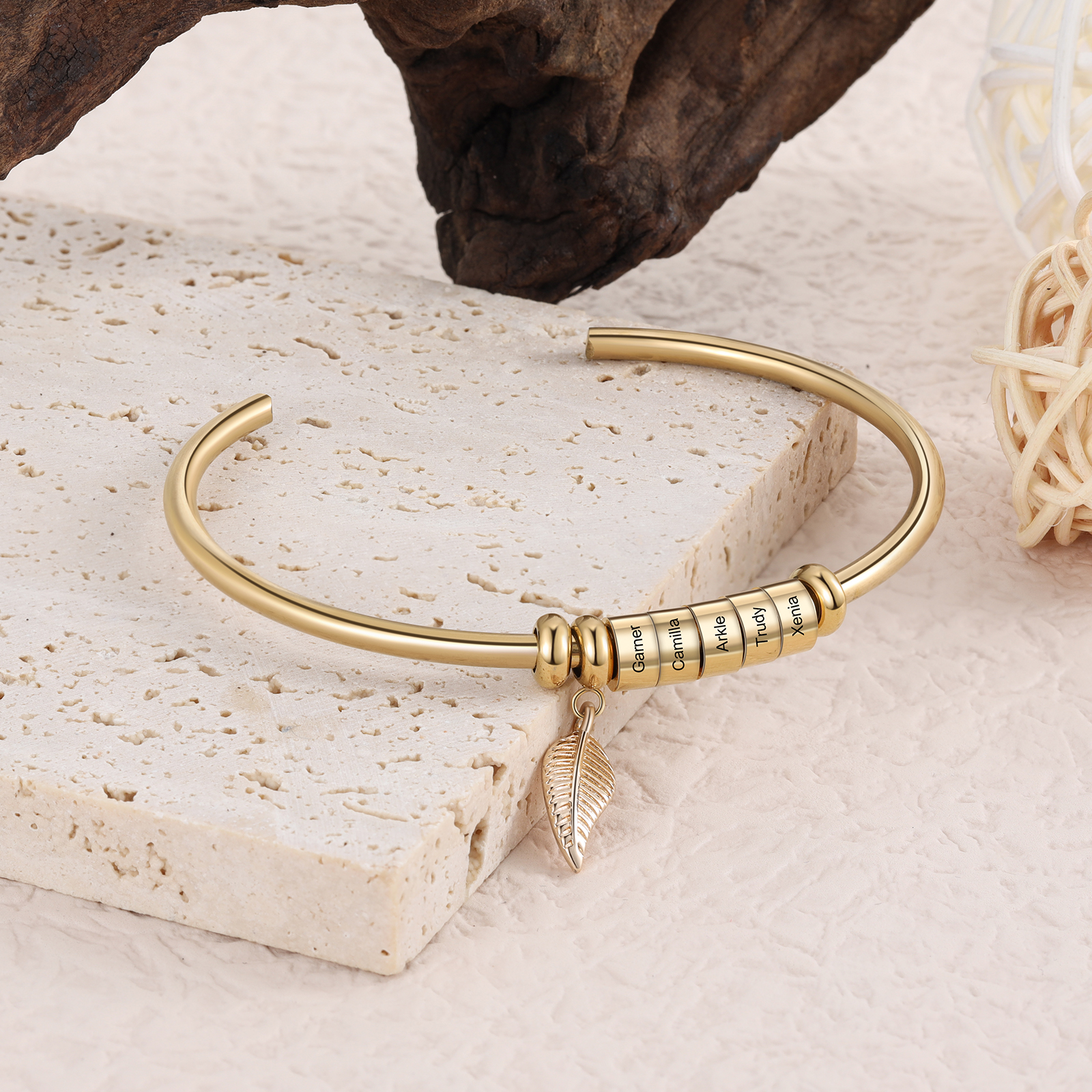 Women Bangle Bracelet with Leaf and Beads Engraved 5 Names Rose Gifts for Mother-Jessemade AU