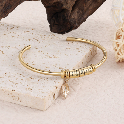 Women Bangle Bracelet with Leaf and Beads Engraved 5 Names Rose Gifts for Mother-Jessemade AU