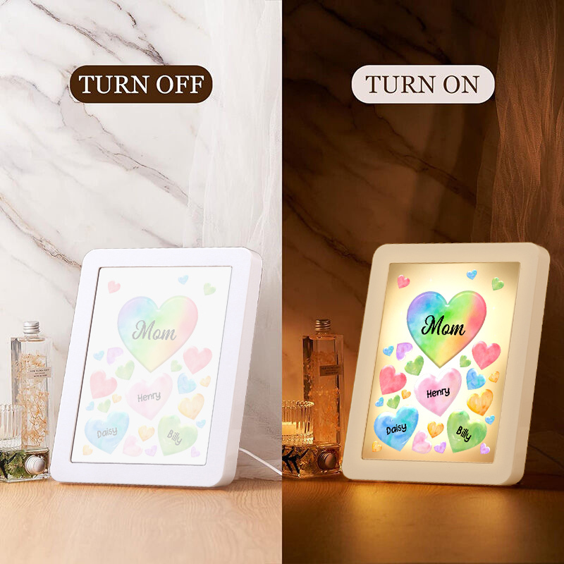 Personalised Night Light Mirror Frame Custom 1 Text & 3 Names Colourful Hearts Family LED Lamp Gift for Grandma/Mother-Jessemade AU
