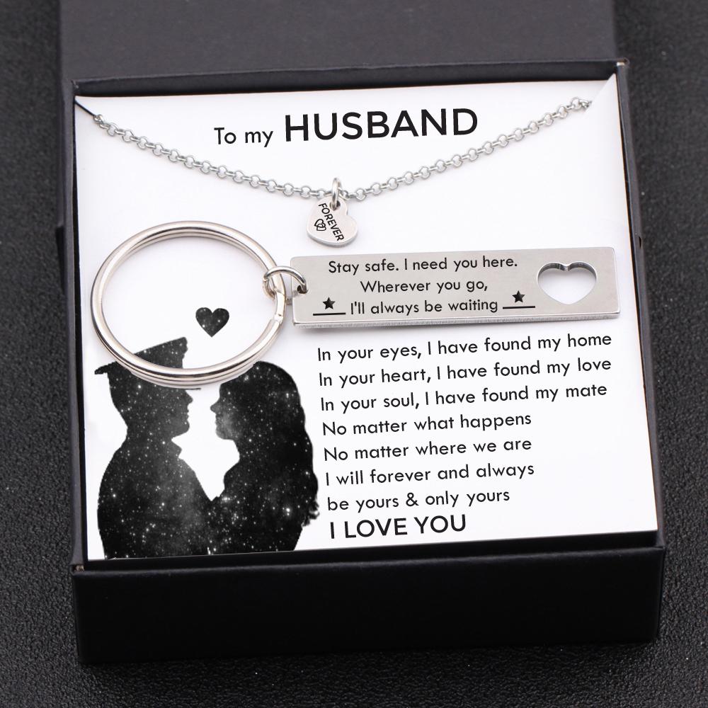 Wherever You Go, I'll Always Be Waiting, Heart Necklace & Keychain Gift Set Gifts For Husband-Jessemade AU