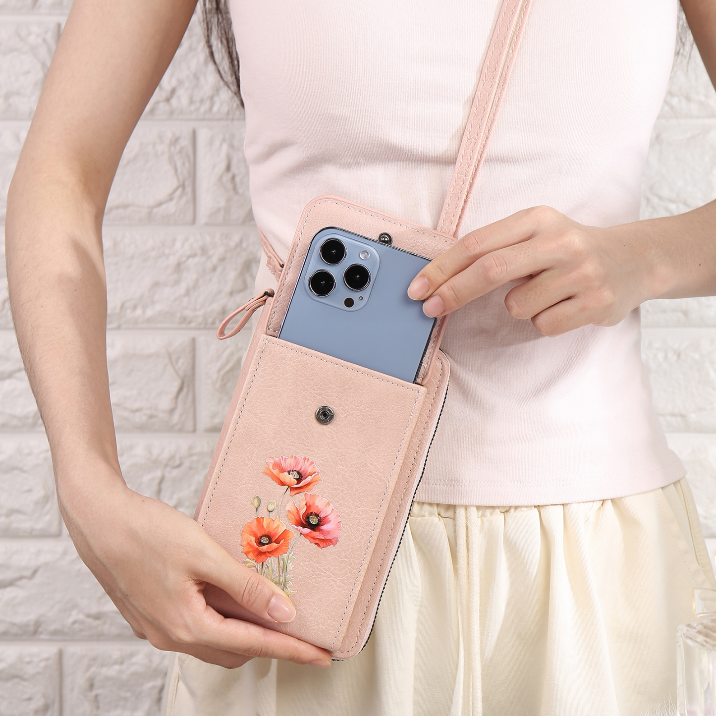 Personalised Women's Leather Wallet Custom Birthday Flower & Name Mobile Phone Wallet Zipper Crossbody Bag