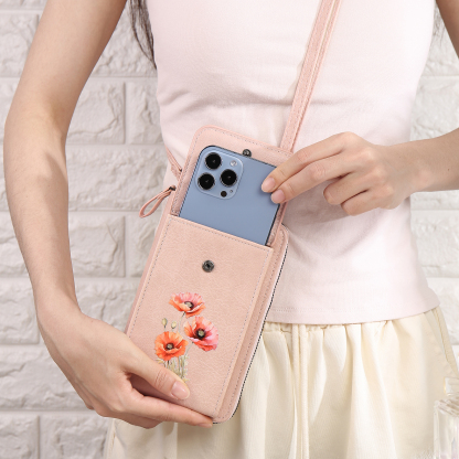 Personalised Women's Leather Wallet Custom Birthday Flower & Name Mobile Phone Wallet Zipper Crossbody Bag