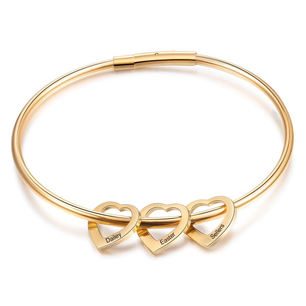Personalised Love Bracelet with 3 Heart Charms Engraved Name Bangle Bracelet for Her