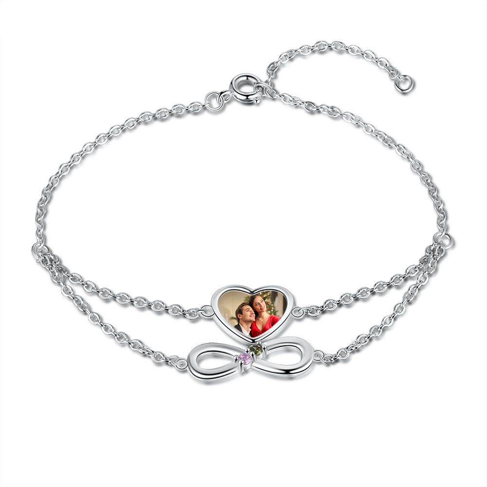 Personalised Heart Photo Bracelet With 2 Birthstones Custom Photo Bracelet Gifts For Her-Jessemade AU
