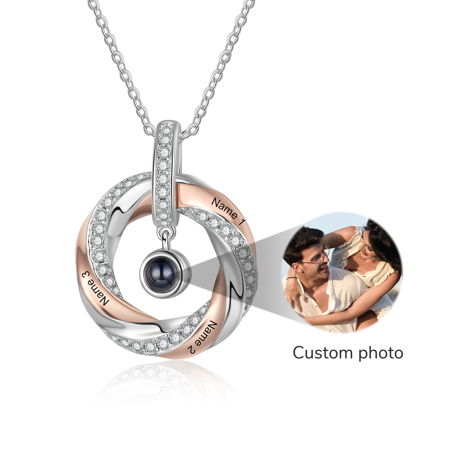 3 Names - Personalised Photo Projection Necklace Custom Name Round Pendant Necklace Gift for Her-Jessemade AU