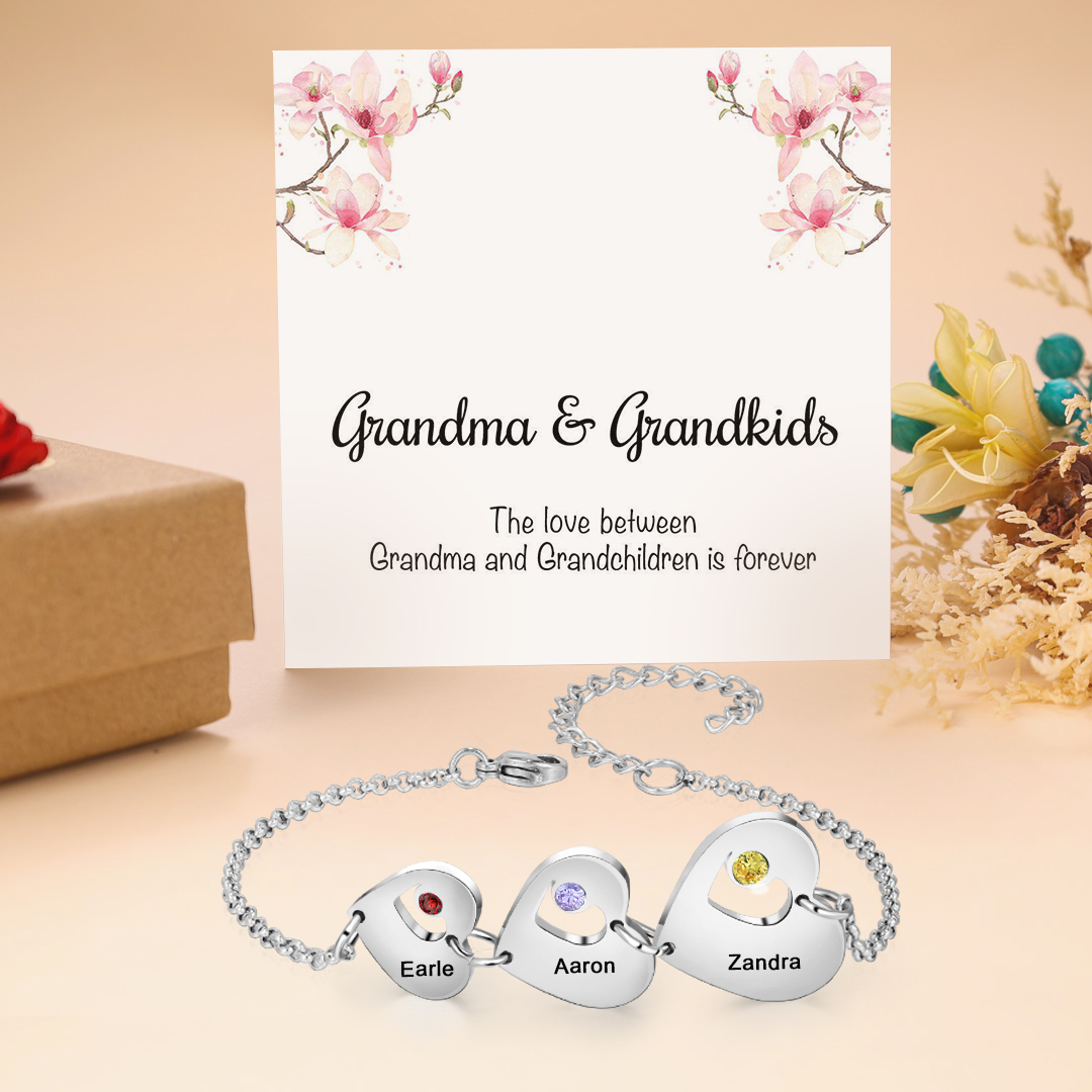 Personalised Heart Bracelet with Birthstones Custom 3 Names Family Bracelet Gifts for Her-Jessemade AU