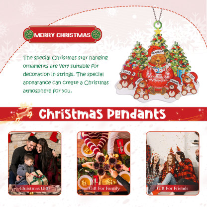 5 Names - Personalised Acrylic Christmas Bear Ornaments Customised Text & Name Xmas Pendant Gifts for Family-Jessemade AU