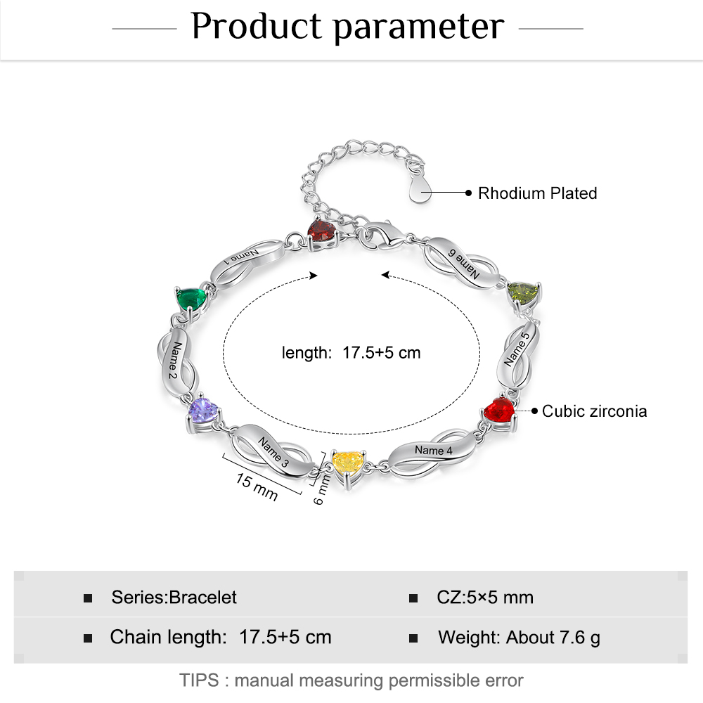 Personalised Bracelet With 6 Birthstones Engraved Names Bracelet Gift For Women-Jessemade AU