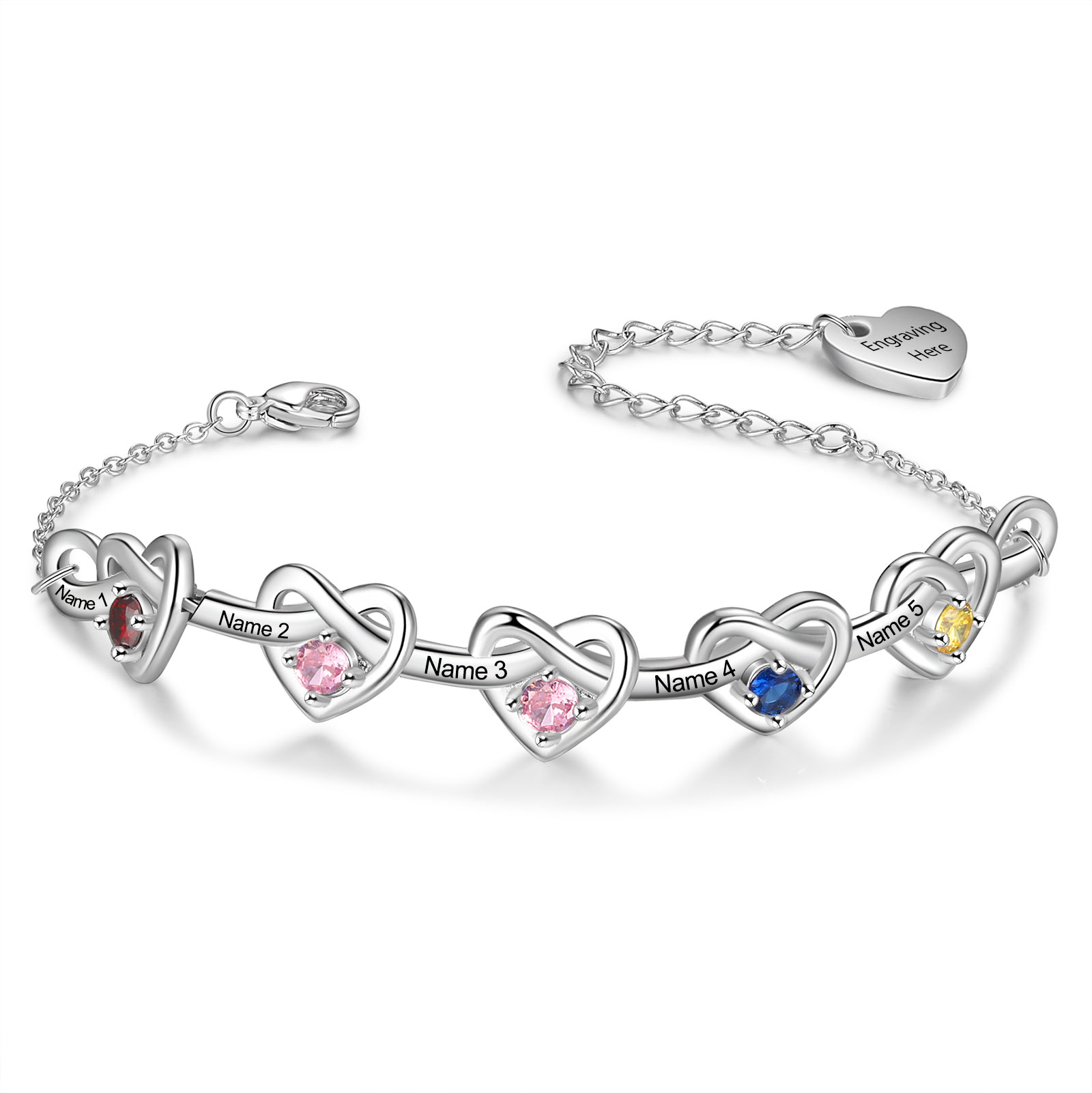 5 Names - Personalised Linked Heart Bracelet Custom Names & Birthstones & Text Bracelets Birthday Gift For Her-Jessemade AU
