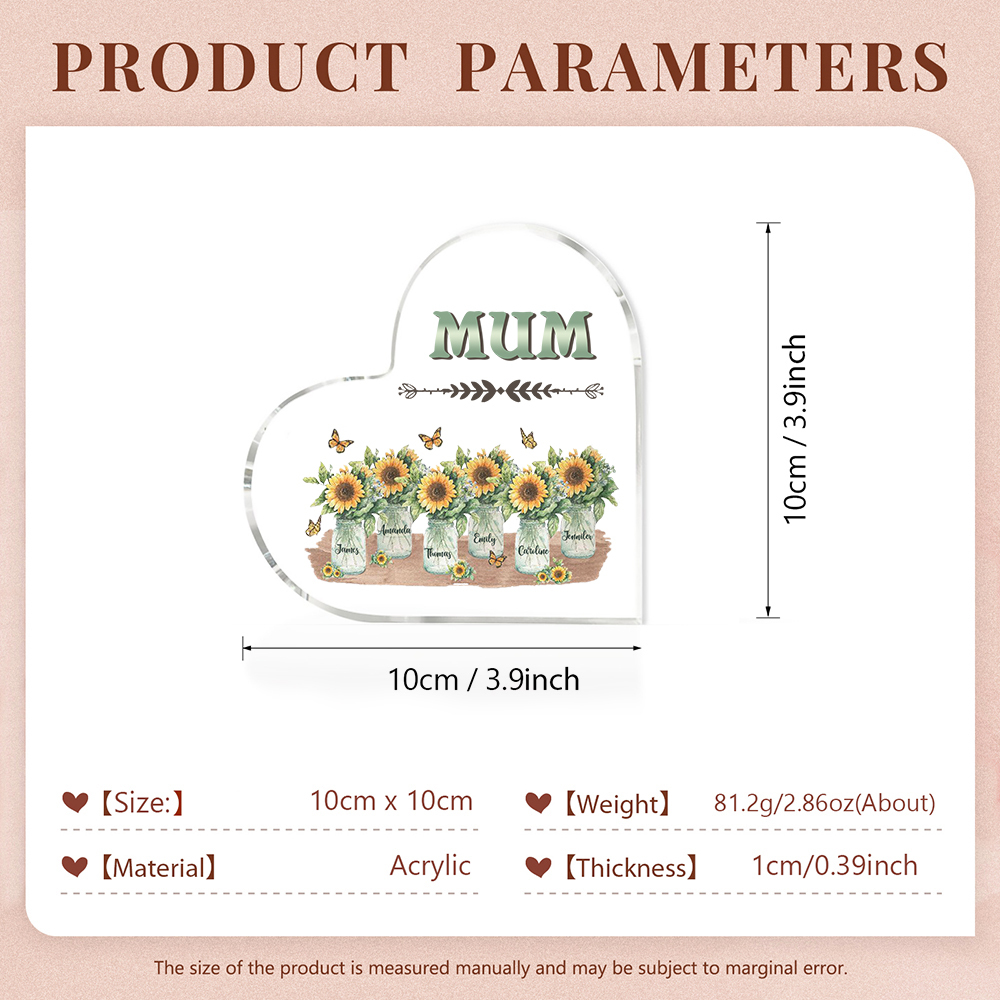 Personalised Acrylic Heart Keepsake Custom 6 Names & 1 Text Sunflower Vase Ornament Gifts for Mother/Grandma-Jessemade AU