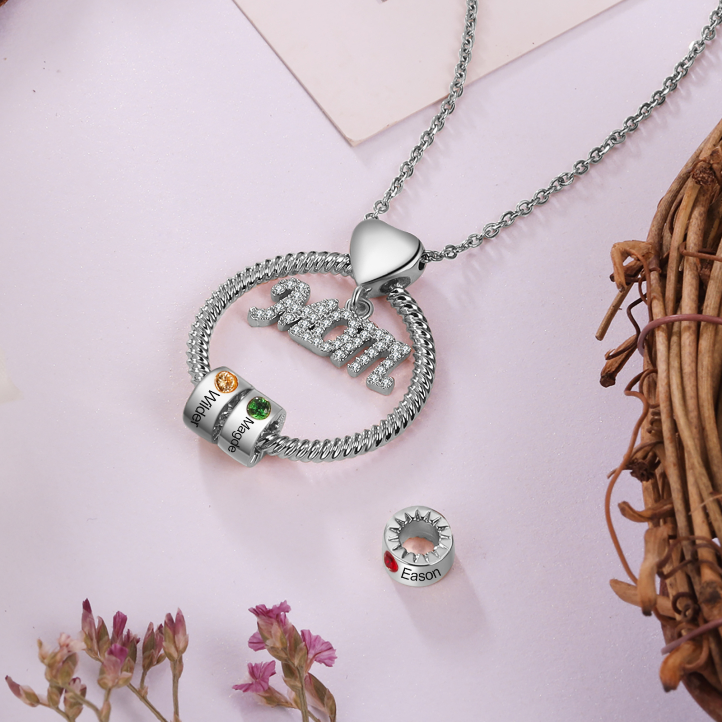Personalised Necklace With 1 Birthstone Engraved Names Gift For Mother-Jessemade AU