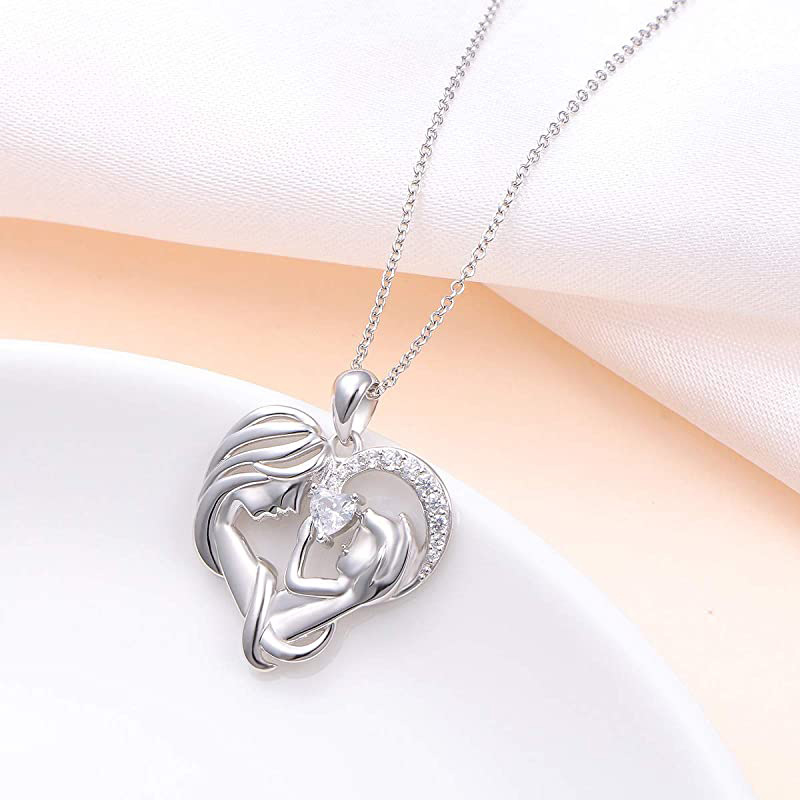 S925 Silver Mother Hold Child Necklace Heart Pendant Necklace for Her-Jessemade AU