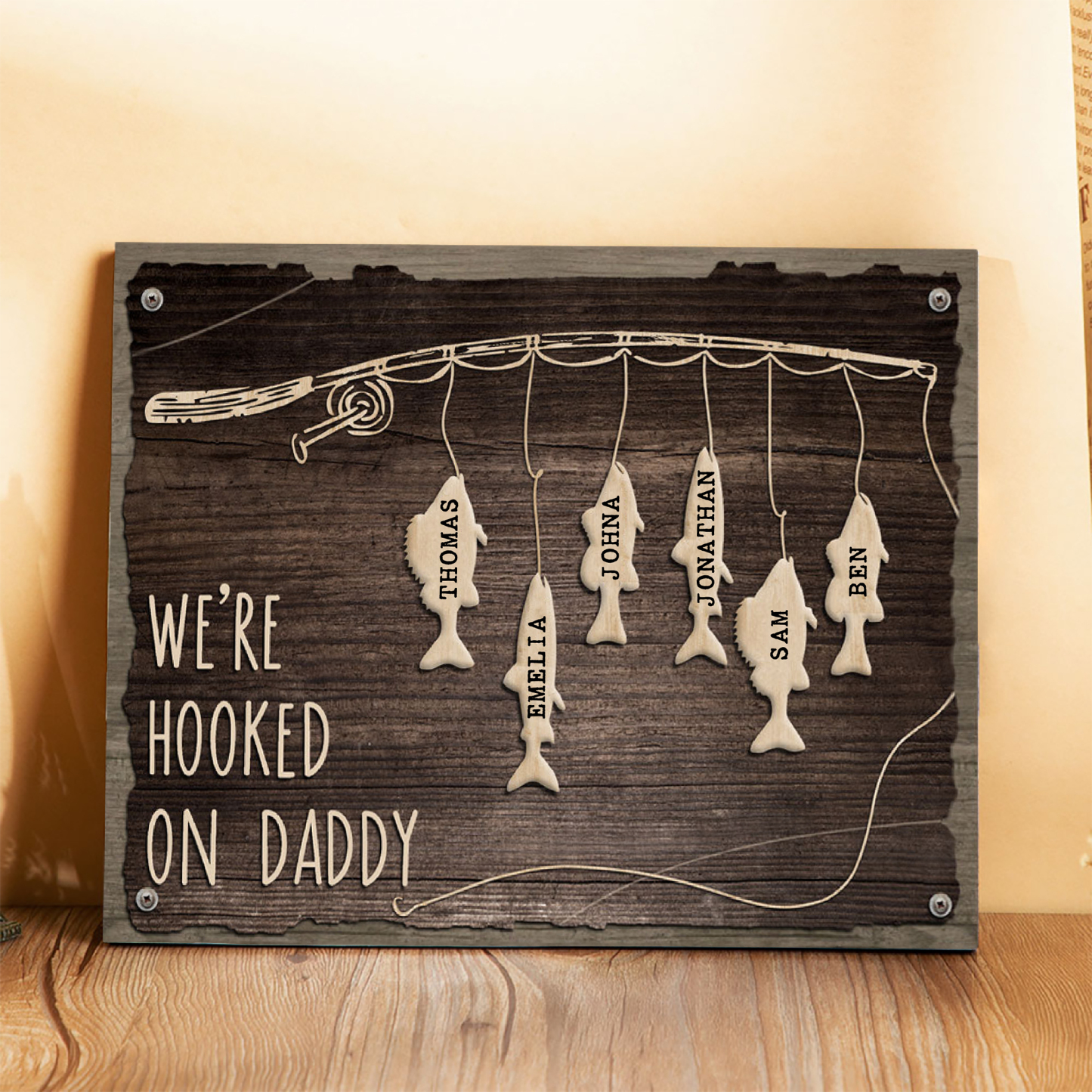 Father's Day Gifts Wood Signs Engrave 6 Names Frame Keepsake -We've Hooked On Daddy-Jessemade AU