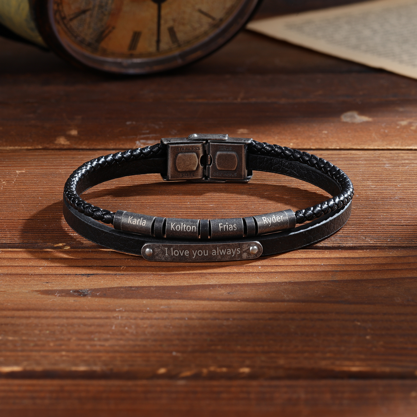 4 Names - Personalised Men's Leather Bracelet Custom Name & Text Bracelet Vintage Gift for Him-Jessemade AU