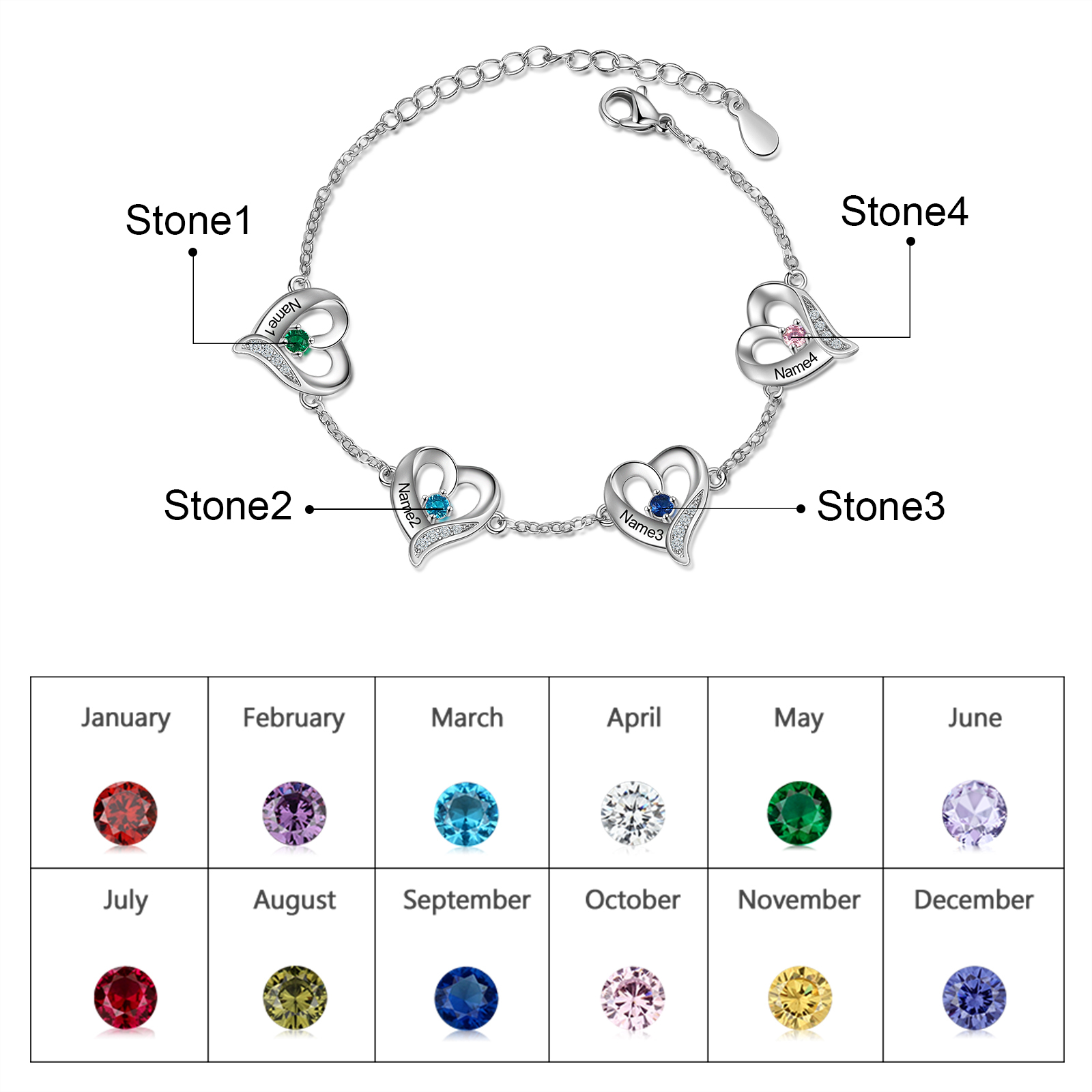 4 Names - Personalised Heart Bracelet Gift Set With Gift Box Custom Name & Birthstone Bracelet Gift For Her-Jessemade AU