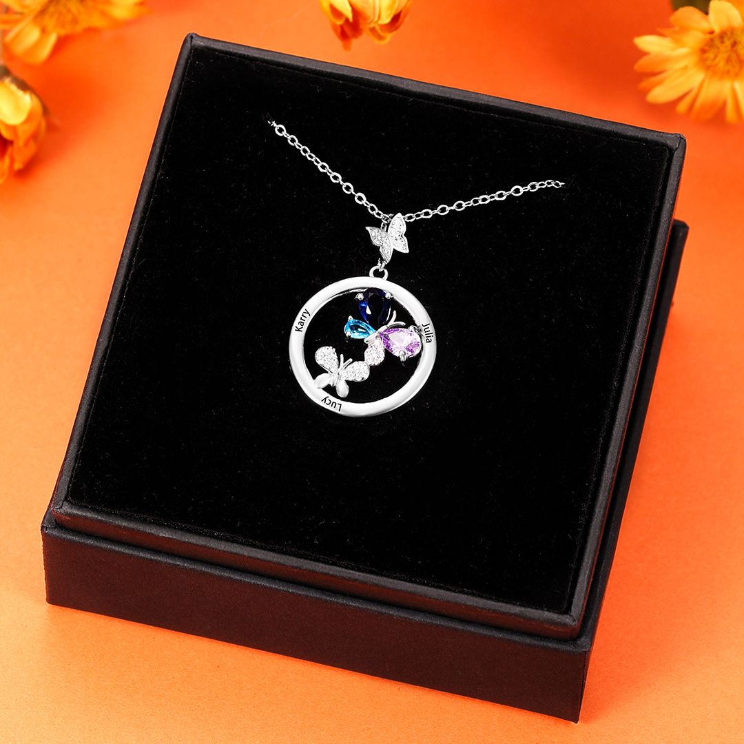 Personalised Butterfly Necklace With 3 Birthstones Custom Names Best Gift For Her-Jessemade AU
