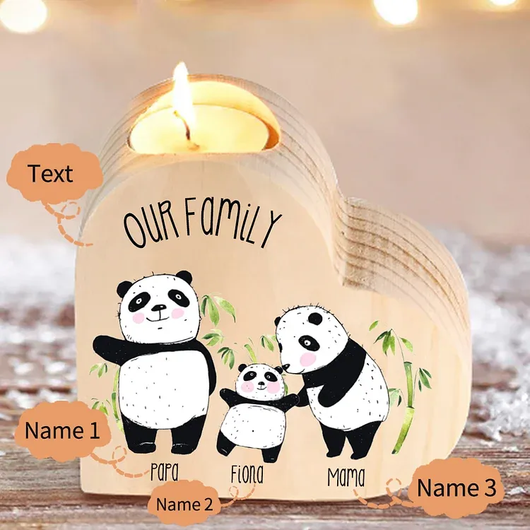 Family Panda Heart Candle Holder Personalised Wooden Candlestick Custom 3 Names-Jessemade AU