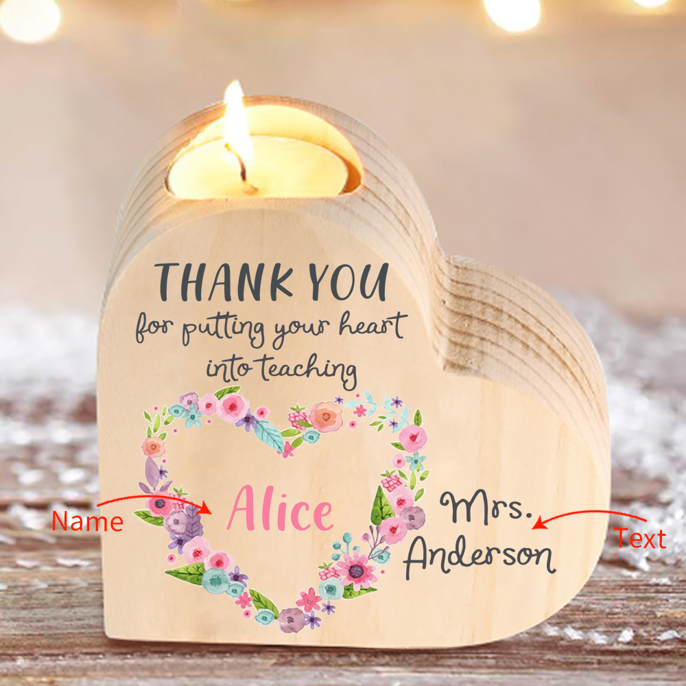 To My Teacher Candle Holder Custom 2 Names Wooden Candlestick Teachers' Day Gift - Thank You For Putting Your Heart Into Teaching-Jessemade AU