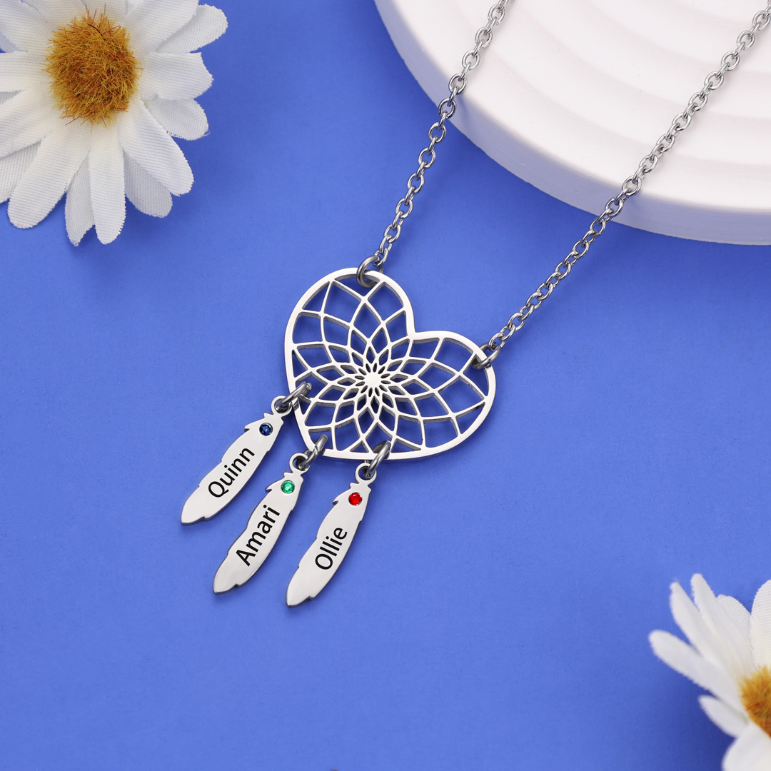 Personalised Dream Catcher Necklace With Birthstones Custom 3 Names Necklace Gifts For Her-Jessemade AU