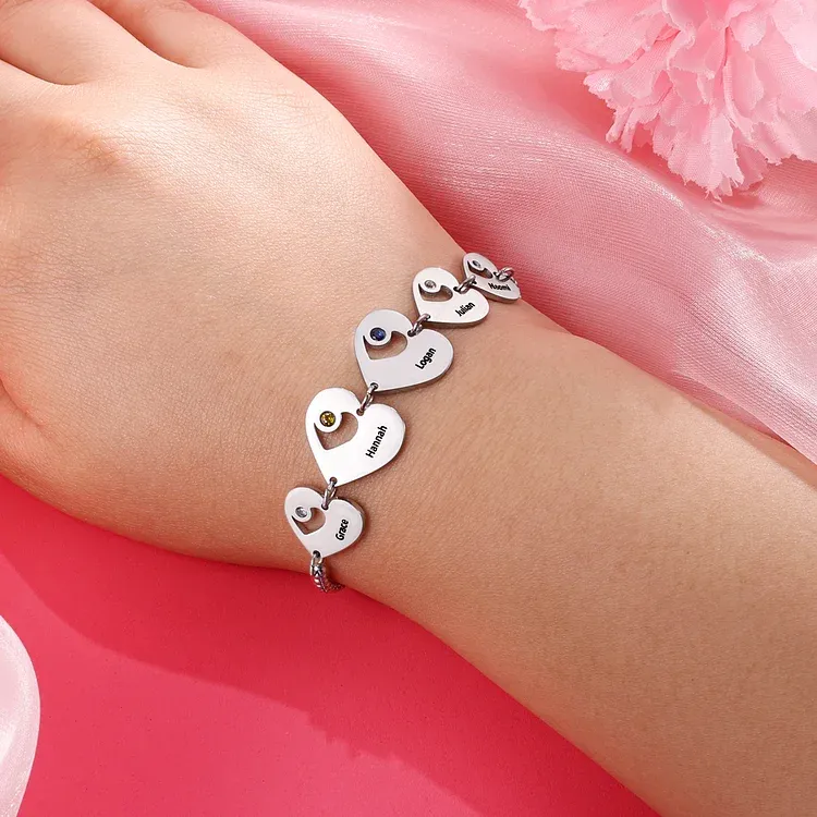 3 Names - Personalised Heart Bracelet Custom Names & Birthstones Family Bracelet Gifts for Her-Jessemade AU
