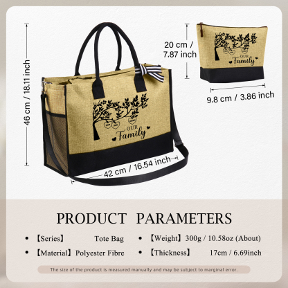 Personalised Family Tree Tote Bag Set Custom 3 Names & 1 Text Handbag Large Capacity Shoulder Bag Shopping Bag Zipper Bag Gift for Mother/Grandma-Jessemade AU