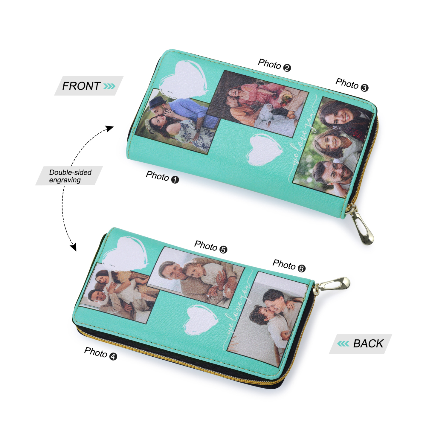 Long Purse Personalised Leather Wallet Engraved 6 Photos Zip Wallet Gifts for Her-Jessemade AU