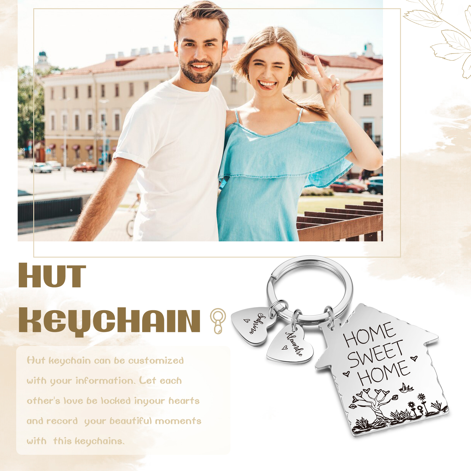 New Home Keychain Customised with 2 Names Keyring Stainless Steel Personalised Gift for Couples-Jessemade AU