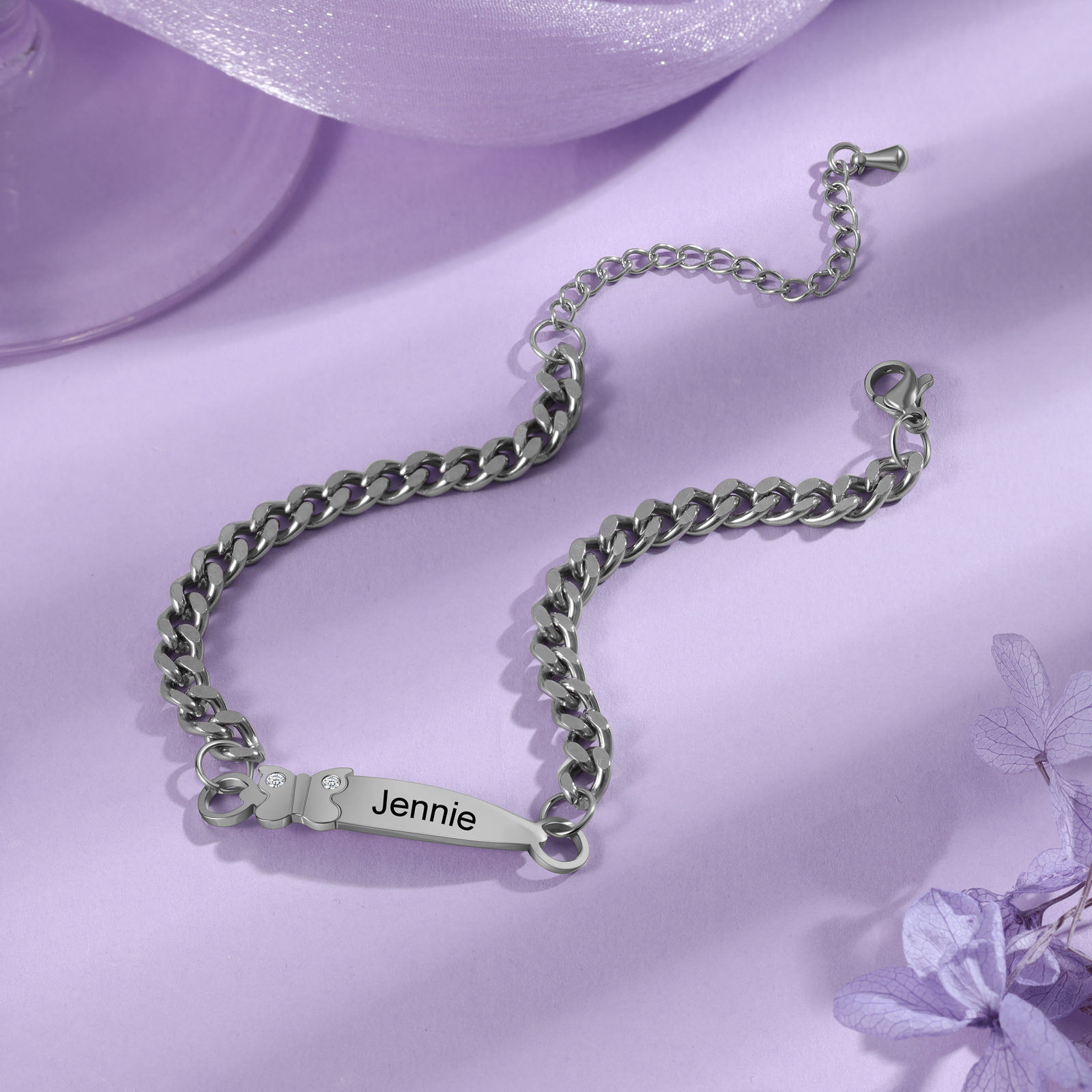 Personalised ID Bar Cuban Chain Bracelets Custom Names Couple Bracelets-Jessemade AU