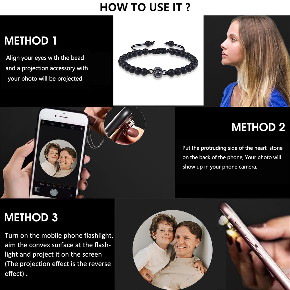 Tiger Eye Men's Bracelet Personalised Photo Projection Bracelet Black Gallstone Beads Warp Bracelet-Jessemade AU