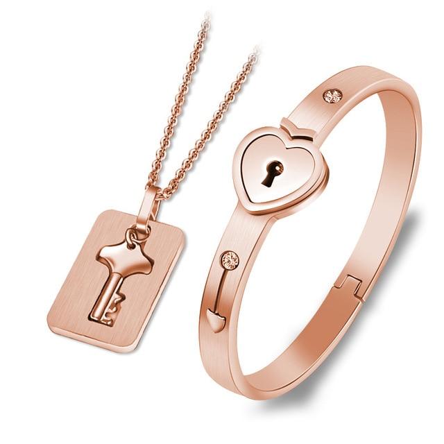 Key to My Heart Couple Key Necklace and Love Lock Bracelet Set