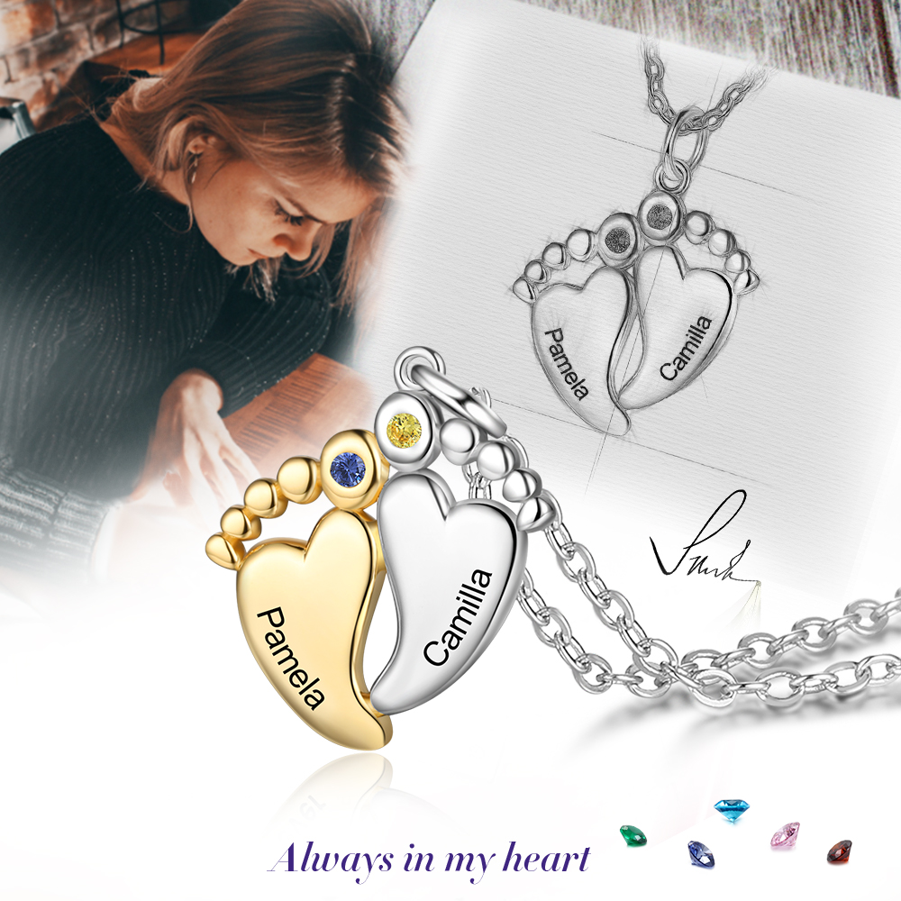 Personalised Baby Feet Necklace With 2 Birthstones Engraved Names Gift For Women-Jessemade AU