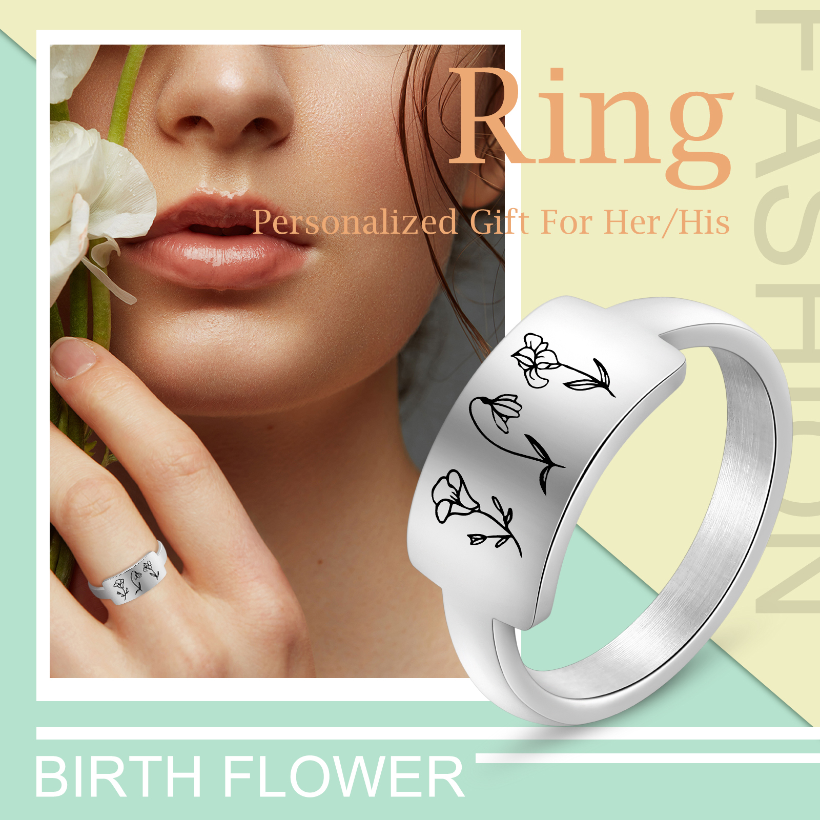 Personalised Birth Flower Ring Custom 2 Month Flowers Bar Ring Gift for Her-Jessemade AU