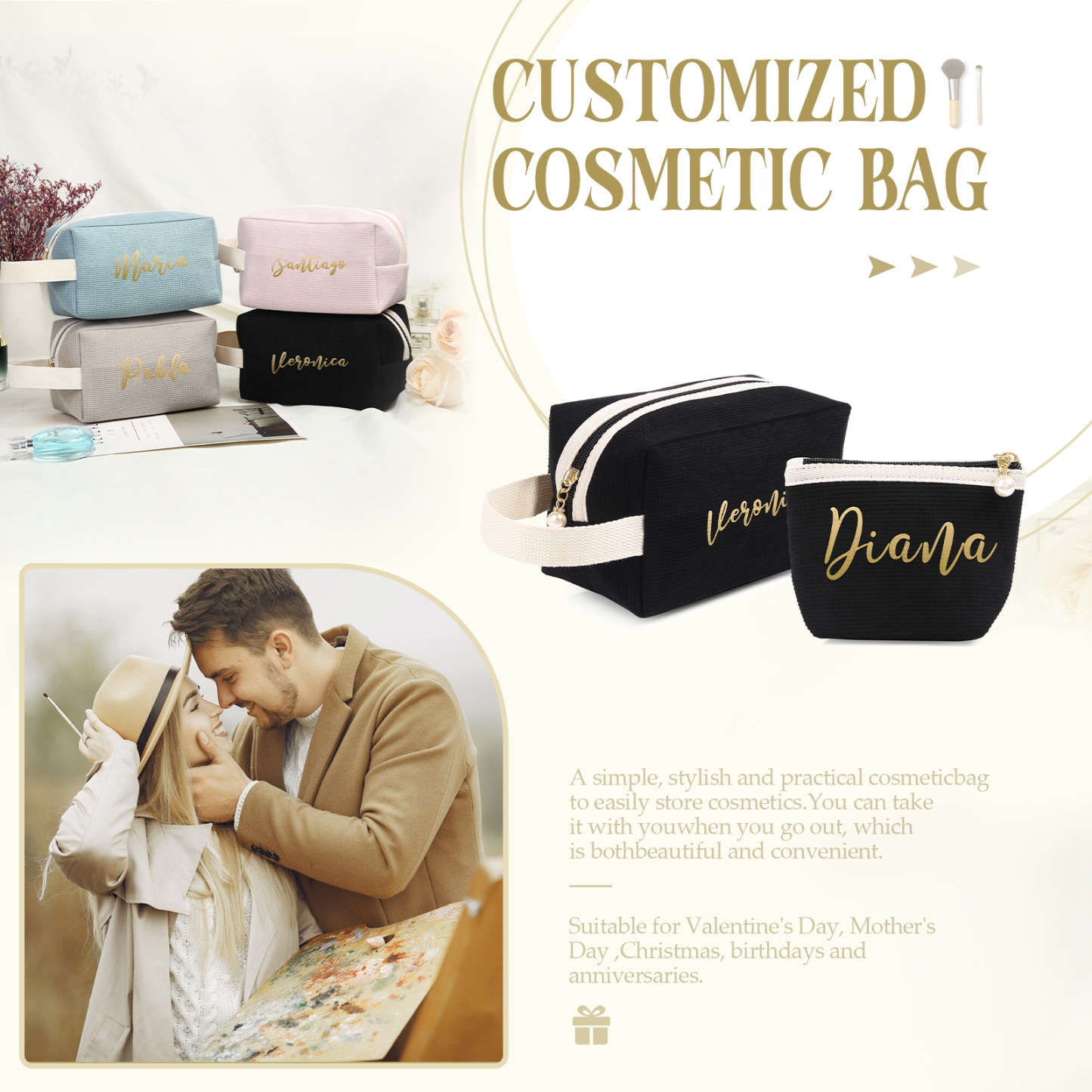 A Set Personalised Name Cosmetic Bag Custom Makeup Bag Zipper Storage Bag Gifts for Ladies Girls-Jessemade AU