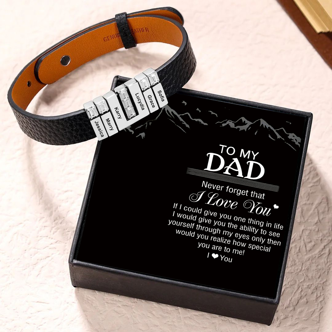 Personalised Leather Bracelet with Beads Engraved 8 Names Bangle for Him-Jessemade AU