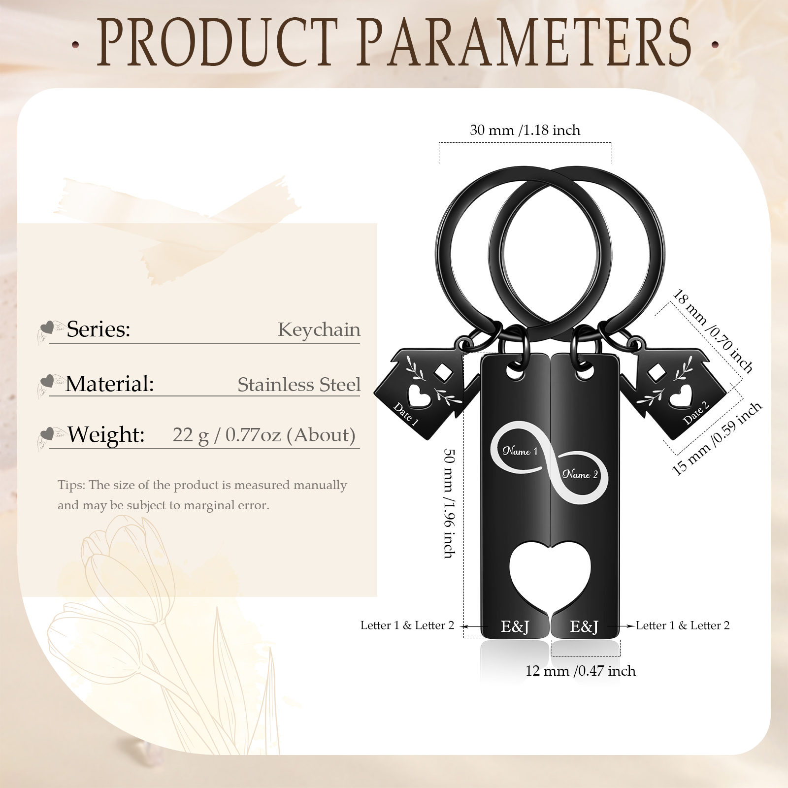 2 PCS Couple Keychain Set Custom 2 Names & Letters & Dates Keyring Infinity Keychain Romantic Personalised Gift for Him/Her-Jessemade AU