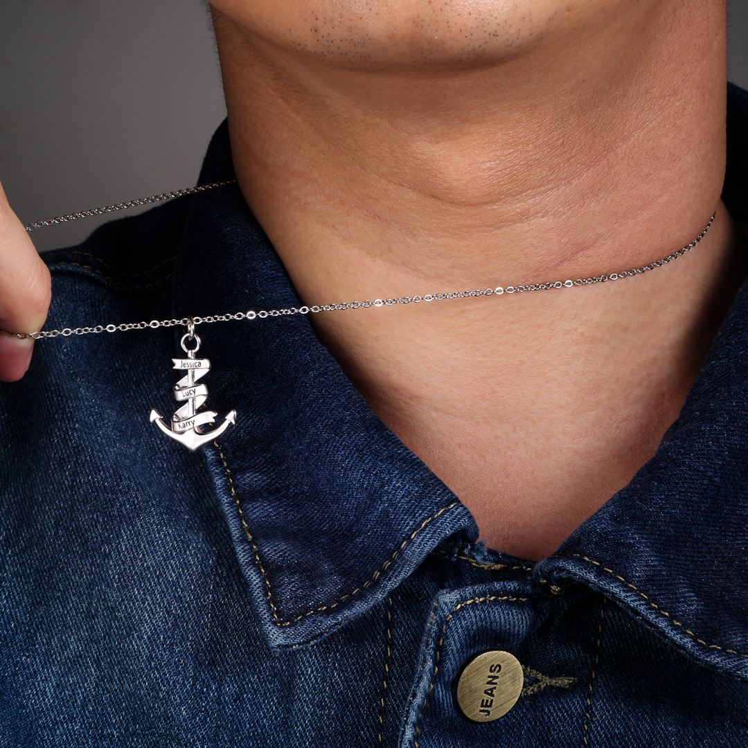 Personalised Pirate Ship Anchor Necklace Engrave 3 Names Necklace For Dad-Jessemade AU