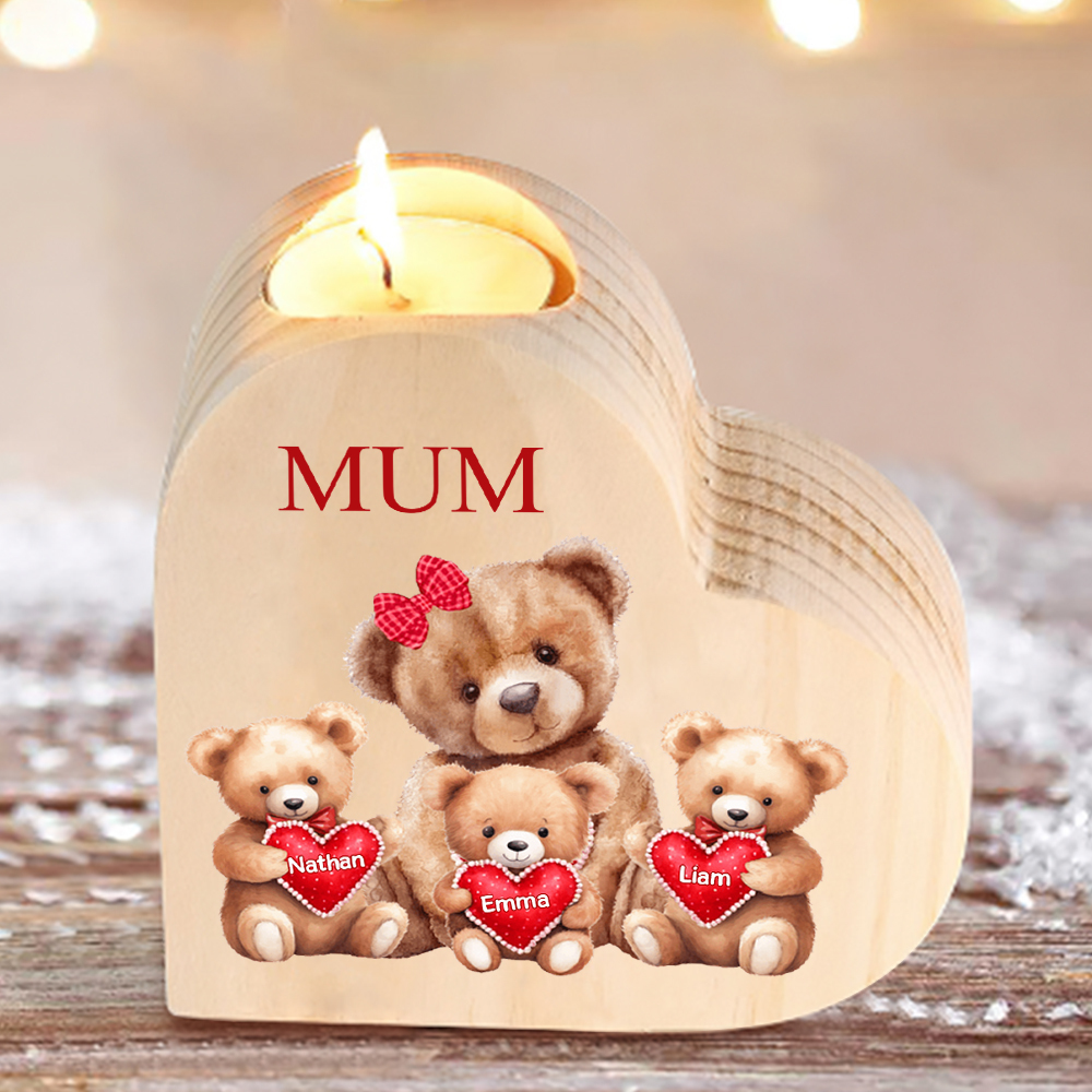 Personalised 3 Names & 1 Text Candle Holder Teddy Bear Wooden Candlestick Gifts for Grandma/Mother-Jessemade AU