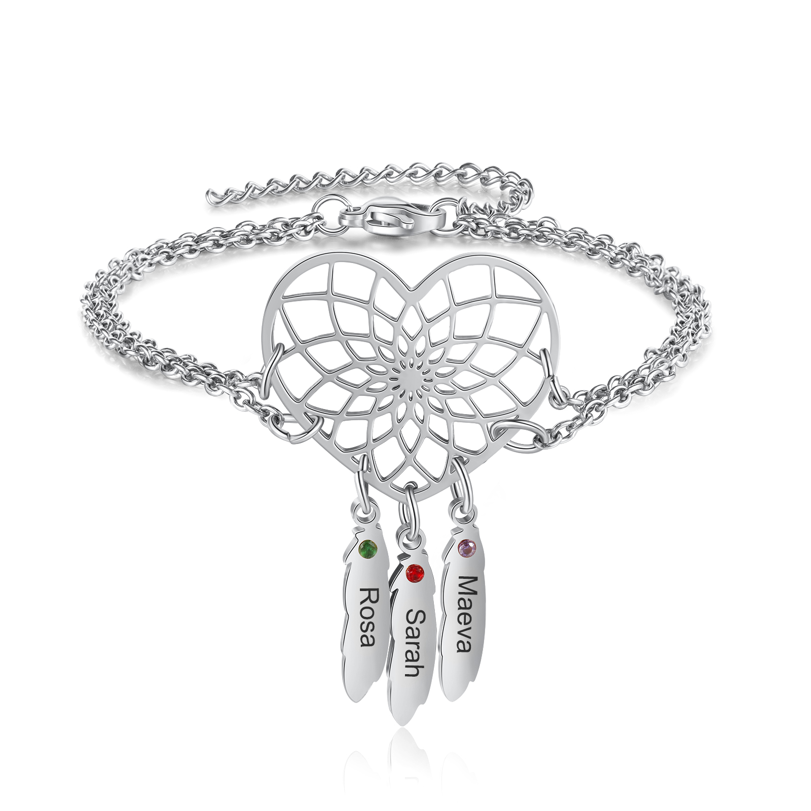 Personalised Heart Dream Catcher Bracelet with Birthstones Engrave 3 Names Gifts For Her-Jessemade AU